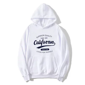 Women's white hooded fleece sweatshirt featuring blue California graphic and kangaroo pocket