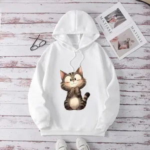 Sweat à capuche blanc pour femme avec imprimé chat mignon et coupe décontractée