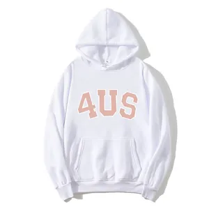 White oversized hoodie for women featuring 4US pink graphic print and kangaroo pocket