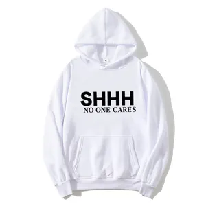 Women's white oversized hoodie with SHHH NO ONE CARES print and front kangaroo pocket
