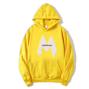 Close-up of a yellow hoodie with ADERRASH letter print, kangaroo pocket and drawstring