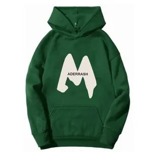Detail of dark green fleece hoodie showing white M logo and ADERRASH text print