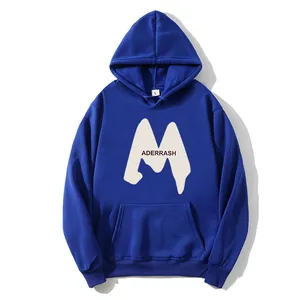 Macro view of dark blue fleece hoodie showing large M print and kangaroo pocket detail