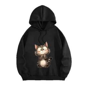 Sweat à capuche noir oversize pour femme avec imprimé chat mignon et cordons de serrage