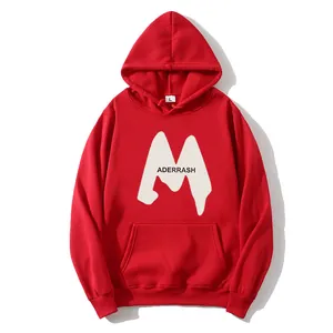 Detail of red hooded sweatshirt showing white M graphic, black letters and kangaroo pocket