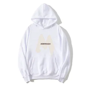 White fleece-lined hoodie with ADERRASH graphic print and a large front kangaroo pocket