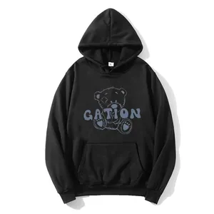 Felpa con cappuccio nera oversize da donna con stampa orsetto e scritta GATION