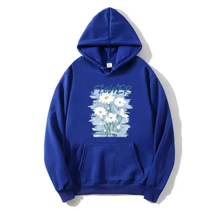 Detail view of the daisy print and FLOWER text on navy blue hoodie for women