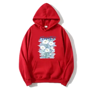 Women's oversized red hoodie with white daisy floral print and front kangaroo pocket