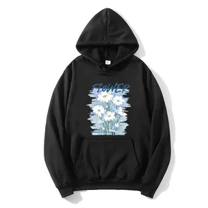 Loose black hoodie for women with daisy print and artistic FLOWER text on white background