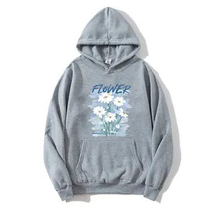Women Loose Daisy Flower Print Hooded Sweatshirt Autumn Winter Casual Long Sleeve Hoodie Top With Kangaroo Pocket Outerwear