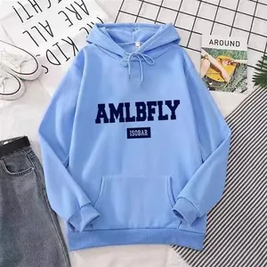 Women's light blue oversized hoodie with AMLBFLY letter print and kangaroo pocket