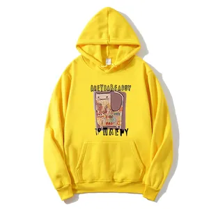 Hellgelber Kapuzenpullover mit Cartoon-Katzenprint und praktischer Kängurutasche