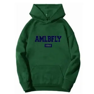 Detail view of American retro AMLBFLY letter print and kangaroo pocket on green hoodie