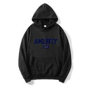 Detail of black oversized hoodie with blue AMLBFLY letter print and L size label