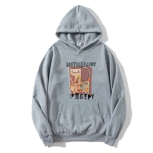 Grauer Damen-Hoodie mit Cartoon-Katzenprint, Kängurutasche und Kapuze im lässigen Stil