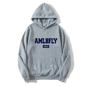 Women's oversized grey hoodie with retro AMLBFLY letter print and kangaroo pocket