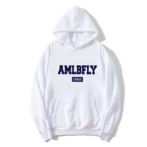 White oversized hoodie with American vintage lettering print and kangaroo pocket