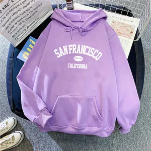 Detail of lilac hoodie with white San Francisco California typography and drawstring hood