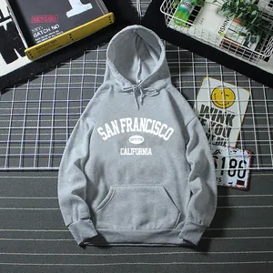 Detail of light grey cotton hoodie with vintage San Francisco print and kangaroo pocket