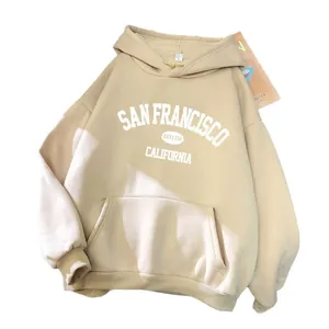 Beige oversized hoodie with San Francisco print and kangaroo pocket in a casual style