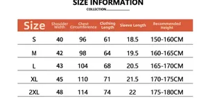 Detailed size information chart for crewneck short sleeve t-shirt from S to 2XL sizes