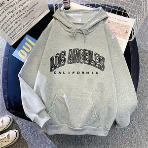 Oversized grey hoodie with Los Angeles print, featuring a hood and kangaroo pocket