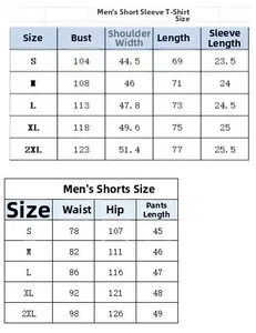 Detailed size chart for men's short sleeve T-shirt and shorts summer sportswear set