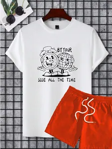 Detail of white cotton T-shirt with cartoon print and red drawstring shorts set