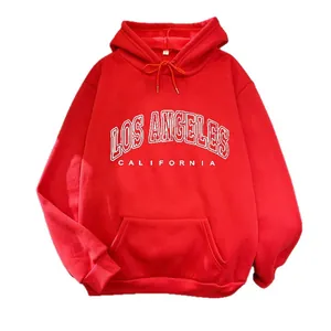 Red hooded sweatshirt with white Los Angeles California print and kangaroo pocket