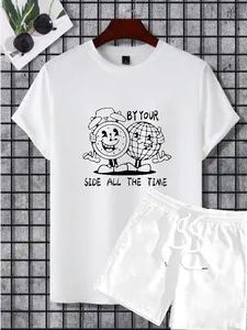 Detail of white short sleeve t-shirt with cartoon earth print and matching drawstring shorts
