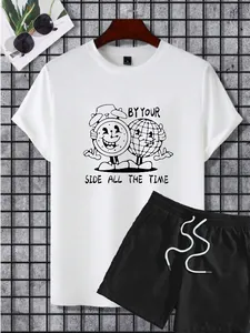 Detail of white t-shirt with retro globe print and black drawstring casual shorts set