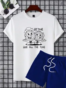 Detail of white cotton T-shirt with vintage cartoon print and navy drawstring shorts