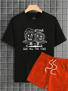 Detailed view of the 100% polyester fabric and printed cartoon alarm clock on the black tee