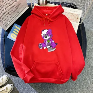 Oversized red hoodie with purple cartoon bear print and front kangaroo pocket