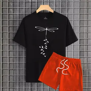Men's summer casual set featuring black dragonfly print t-shirt and orange shorts