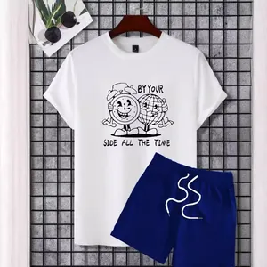 Men's casual summer white T-shirt and navy drawstring shorts set with cartoon graphic