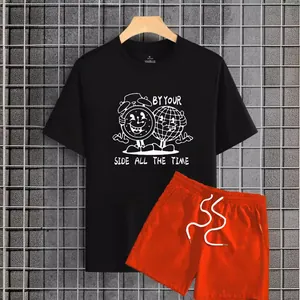 Summer casual set with black cartoon t-shirt and orange drawstring shorts for men and women