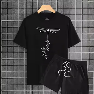 Two-piece black casual set with white dragonfly graphic t-shirt and matching shorts
