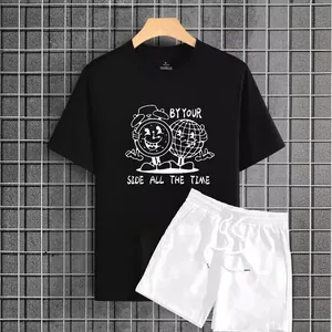 Men's summer casual set with black cartoon t-shirt and white drawstring shorts