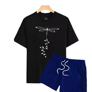 Men's summer two-piece set featuring black graphic t-shirt and navy blue drawstring shorts