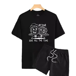 Men's black t-shirt and shorts set with white cartoon graphic and BY YOUR SIDE print