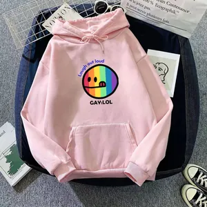 Women Hoodie Pullover Rainbow Smiley Face Laugh Out Loud Print Long Sleeve Loose Plus Size Fleece Hooded Sweatshirt Top