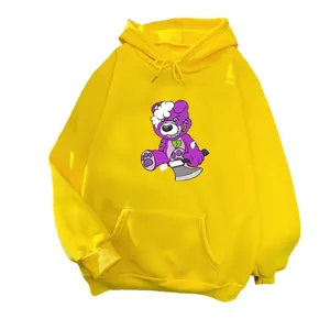 Oversized bright yellow hoodie for women featuring a rebel purple cartoon bear print