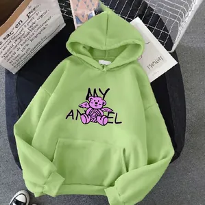 Light green oversized hoodie with pink angel bear print and kangaroo pocket for women