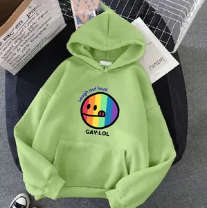 Light green hooded sweatshirt with rainbow print and front kangaroo pocket