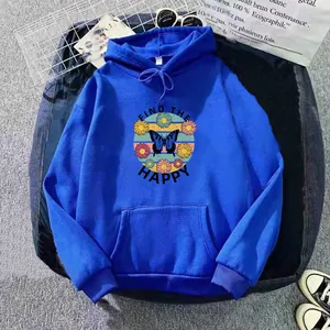 Close-up of blue oversized hoodie featuring Find The Happy print and butterfly motifs