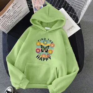 Detail of light green hoodie with butterfly floral print and Find the Happy text