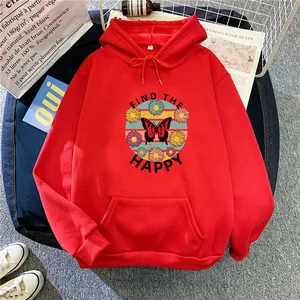 Close-up of red hoodie featuring retro butterfly print and large kangaroo pocket detail