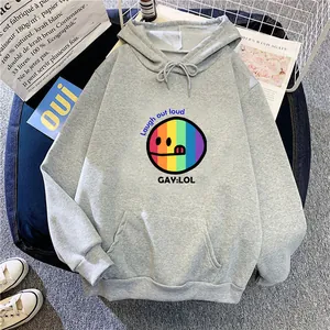 Detail of grey hoodie with rainbow smiley face and Laugh Out Loud text print